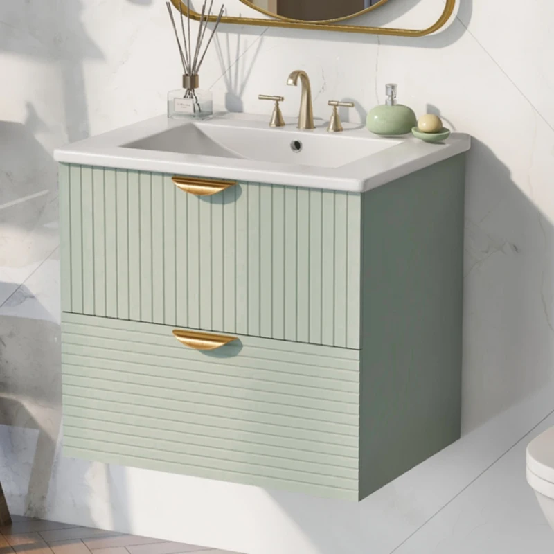Modern Wall-Mounted Bathroom Vanity with 2 Drawers, Space-Saving Design for Small Bathrooms, 24" L x 18" W x 23" H, Green