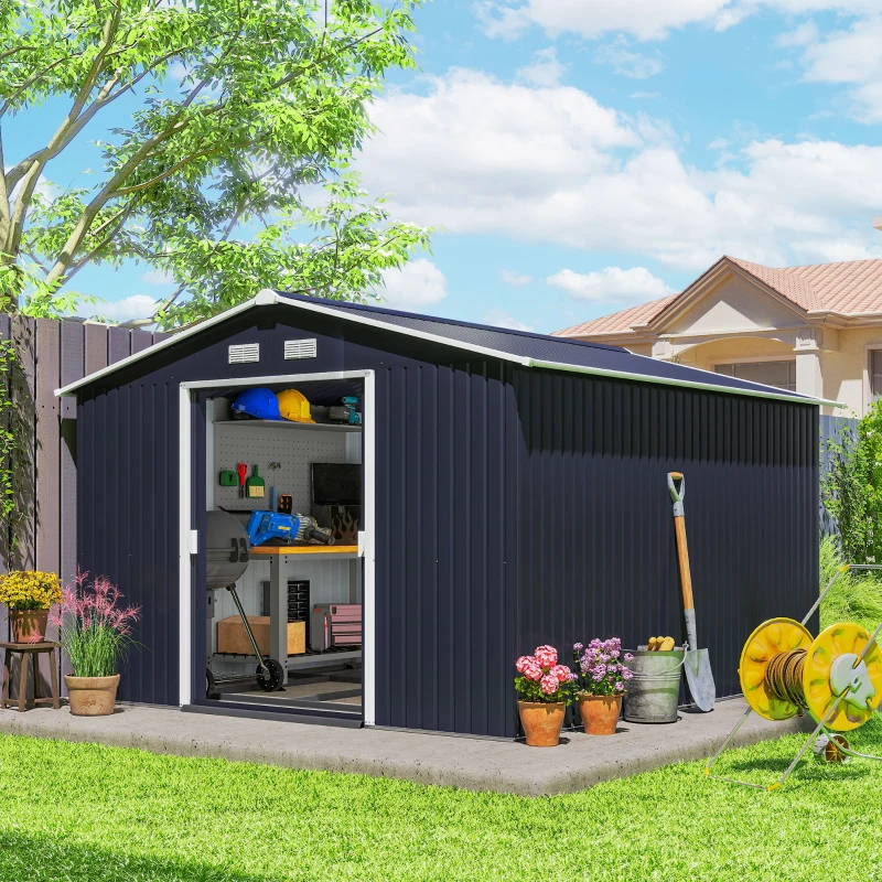 Outsunny 11' x 9' Metal Storage Shed Garden Tool House with Double Sliding Doors, 4 Air Vents for Backyard, Patio, Lawn Dark Grey