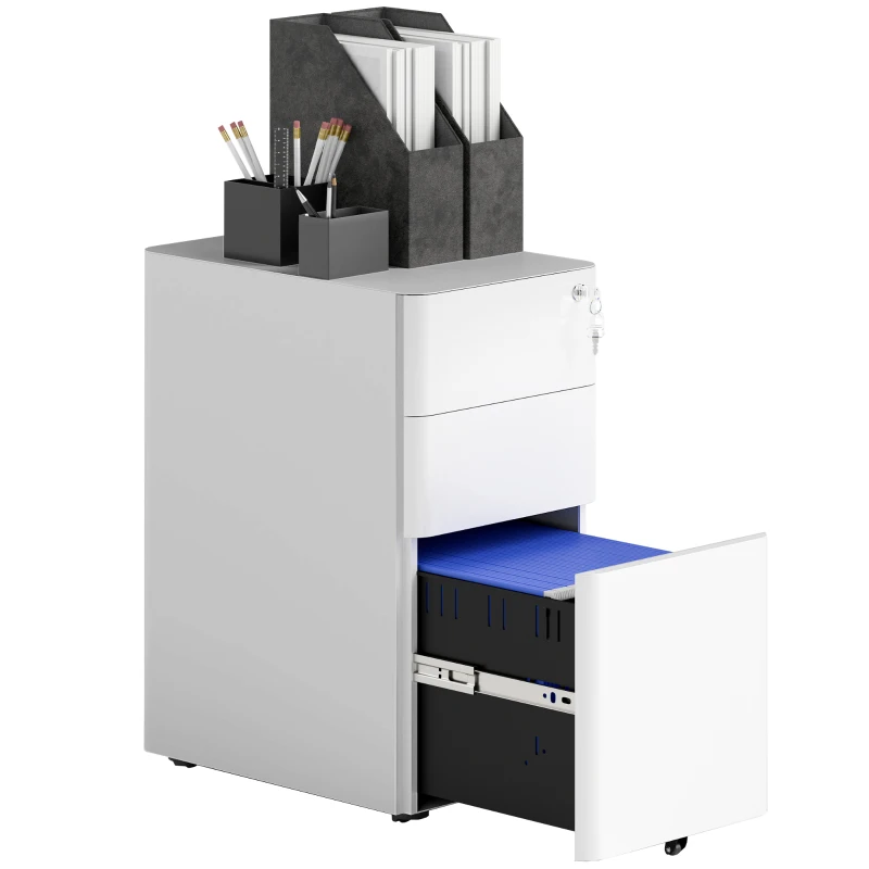 Vinsetto 3 Drawer Filing Cabinet, Lockable Steel Office Storage Cabinet with Hanging Bar for Letter, A4, Legal Files, White