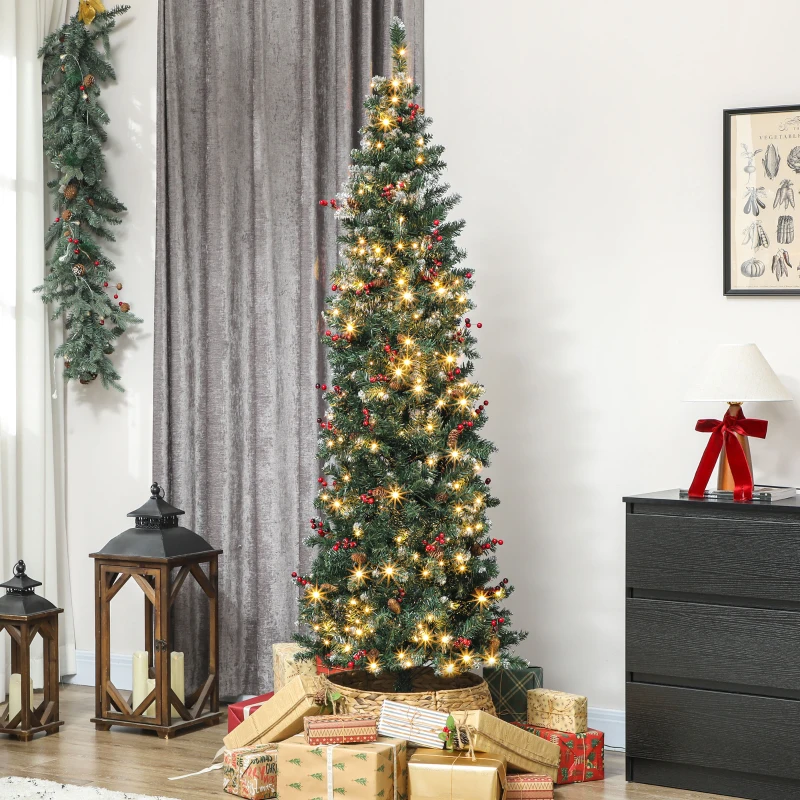 HOMCOM 7 ft Pencil Prelit Christmas Tree with LED Light, Silver Glitter, Dense Pointed Branches, 8 Modes, Slim Xmas Tree