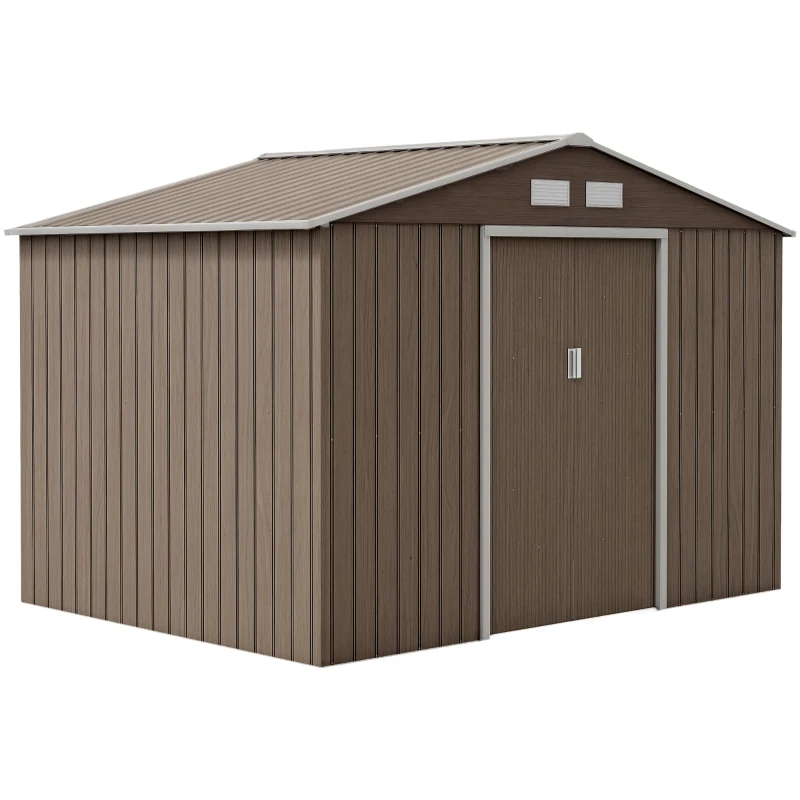 Outsunny 9.1'x6.4'x6.3' Garden Storage Shed w/ Foundation Kit Metal Tool Storage House w/ Double Doors Distressed Light Brown