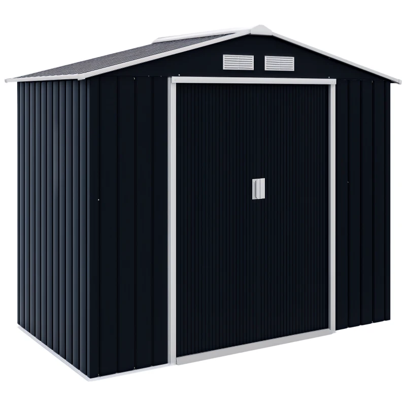 Outsunny 7' x 4' x 6' Garden Storage Shed Outdoor Patio Metal Tool Storage House w/ Foundation Kit and Double Doors Dark Grey