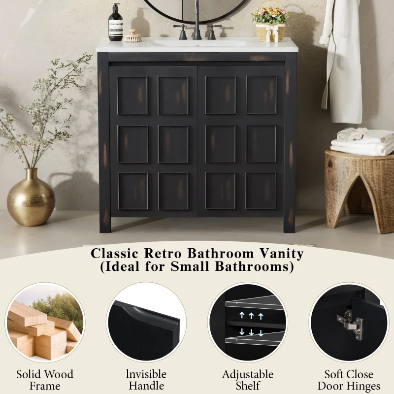 36" Bathroom Vanity with Ceramic Sink, Solid Wood Construction, Storage Cabinet with Soft Close Doors, 36" L x 18.5" W x 34" H, Espresso