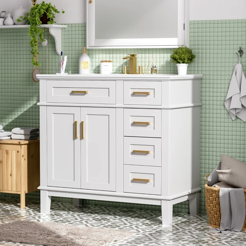 Modern Bathroom Vanity with Ceramic Sink, Soft Close Doors, Space-Saving Design and 4 Drawers for Storage, 36" L x 18.5" W x 35" H, White