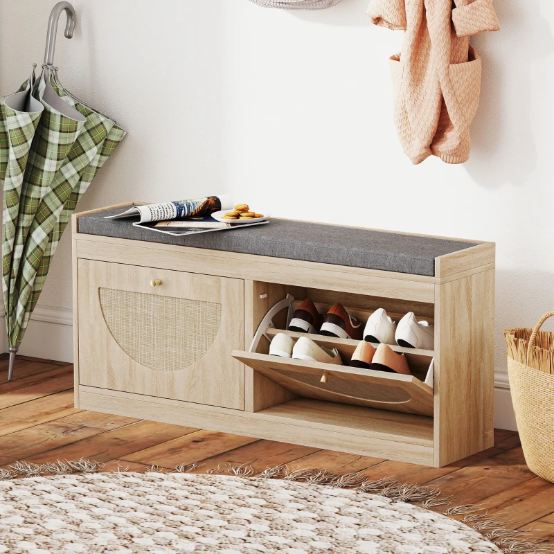 HOMCOM Shoe Bench with Flip Doors, Seat Cushion, Adjustable Shelves for 8 Pairs, Boho Entryway Bench for Bedroom, Natural Wood