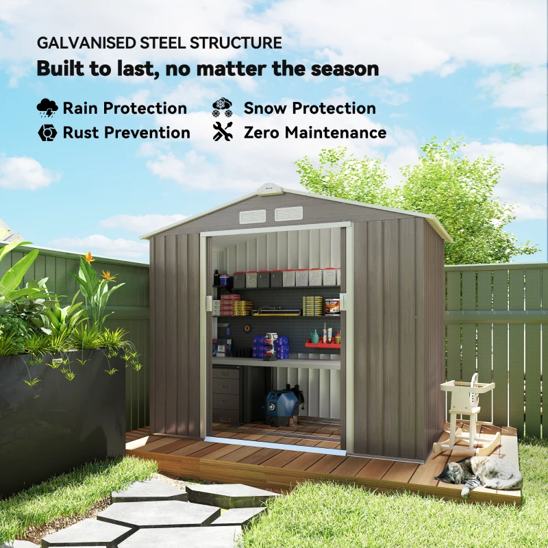 Outsunny 7' x 4' x 6' Garden Storage Shed Outdoor Patio Metal Tool Storage House w/ Foundation Kit and Double Doors Light Brown