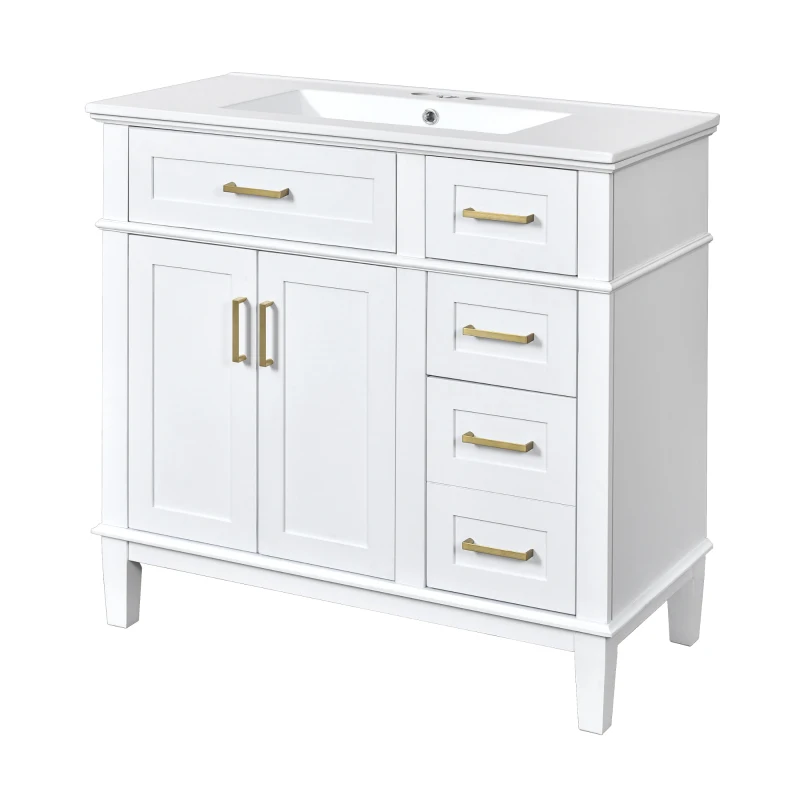 Modern Bathroom Vanity with Ceramic Sink, Soft Close Doors, Space-Saving Design and 4 Drawers for Storage, 36" L x 18.5" W x 35" H, White