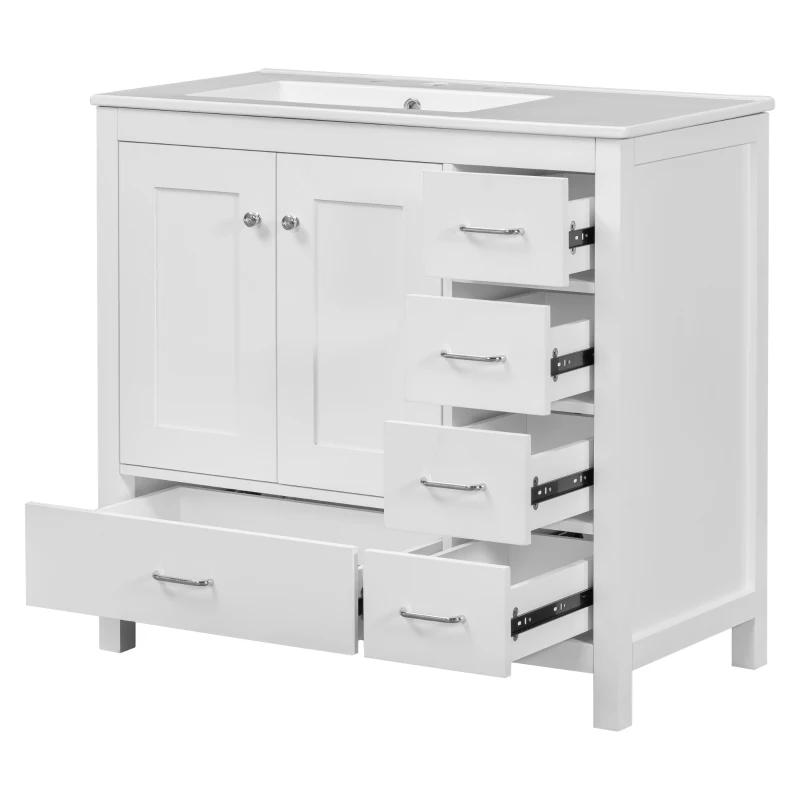 36" Bathroom Vanity with Ceramic Sink, 2 Soft-Close Doors and 5 Drawers, Cabinet with Free-Standing Design, 36" L x 18" W x 34" H, White