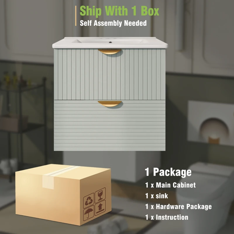 Modern Wall-Mounted Bathroom Vanity with 2 Drawers, Space-Saving Design for Small Bathrooms, 24" L x 18" W x 23" H, Green