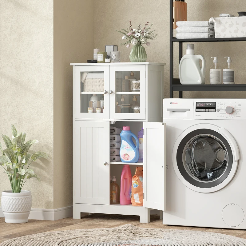 kleankin Bathroom Floor Storage Cabinet with Tempered Glass Doors and Adjustable Shelf, Kitchen Cupboard, Free Standing Organizer for Living Room Entryway, White