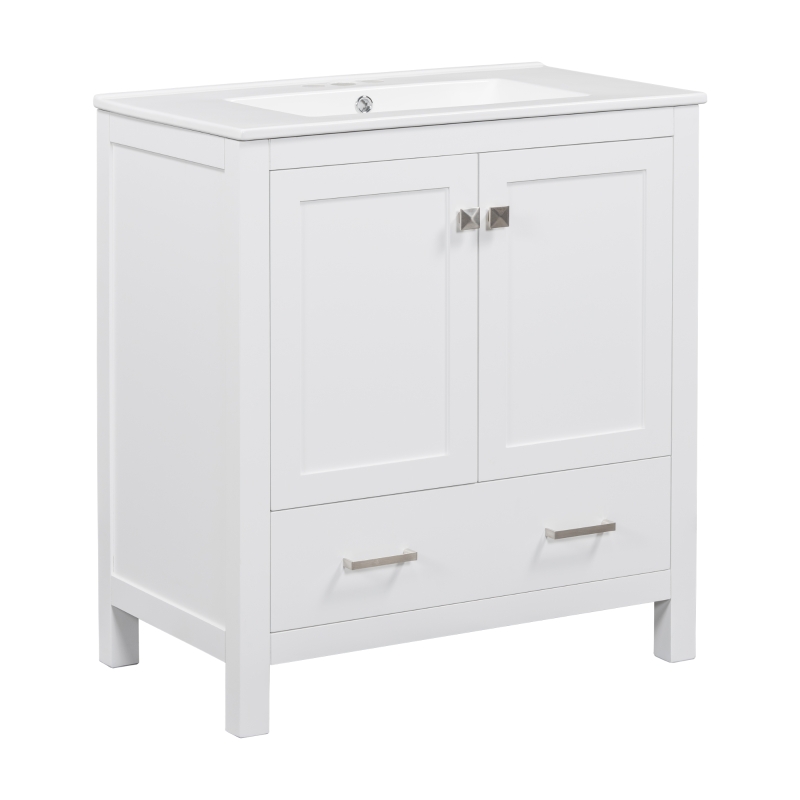 30" Bathroom Vanity with Single Sink, Solid Wood Frame, Multifunctional Storage Cabinet with Soft-Close Doors, 30" L x 18.5" W x 34" H, White