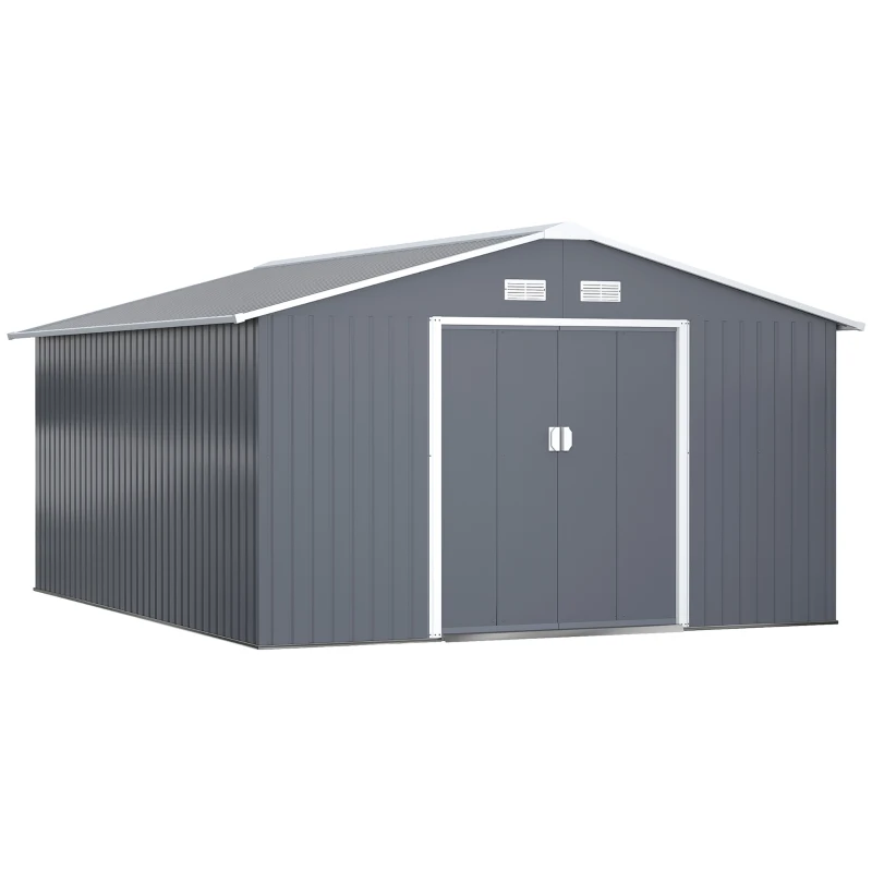 Outsunny 11.2ft x 12.5ft Practical Backyard Garden Storage Tool Shed 4 Ventilation Slots Double Sliding Door, Grey