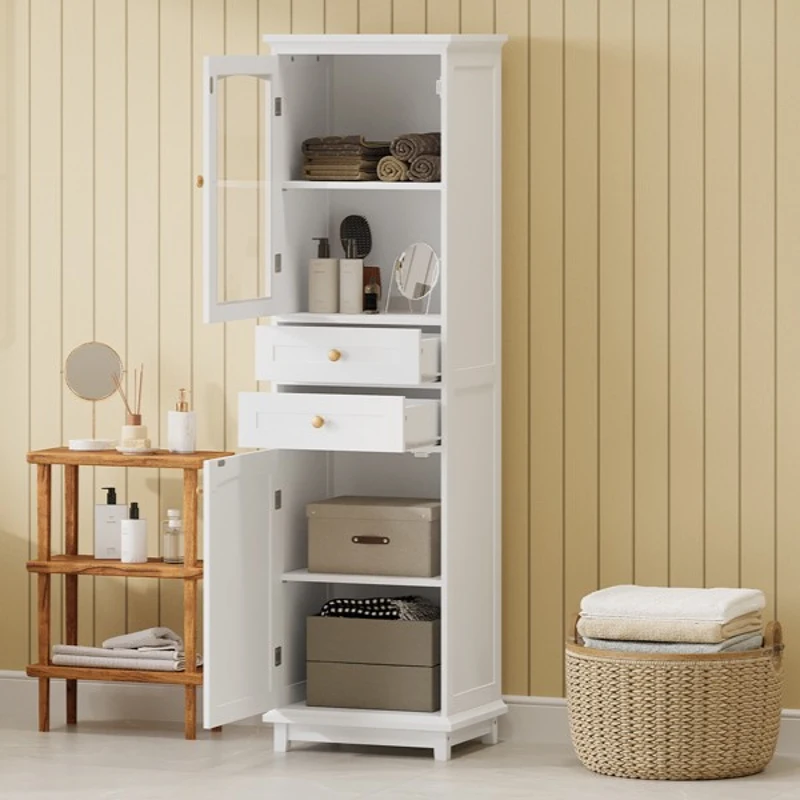 Tall Bathroom Storage Cabinet with Glass Doors, Free-Standing with Adjustable Shelves and Drawers, 18" L x 14" W x 63" H, White