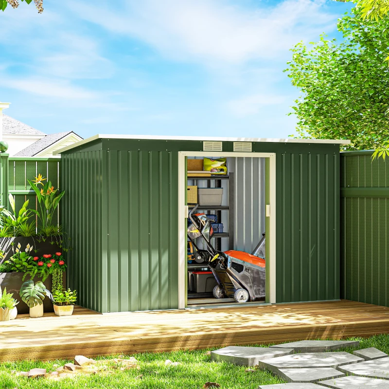 Outsunny 9' x 4' Garden Metal Storage Shed Outdoor Equipment Tool Box with Foundation Kit, Ventilation & Doors, Light Green