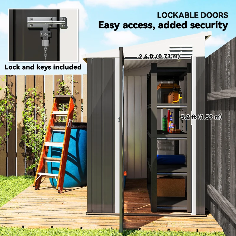 Outsunny 4' x 8' Outdoor Storage Shed Lean to Shed Outdoor Metal Tool Shed with Lockable Door and Air Vents, Dark Grey