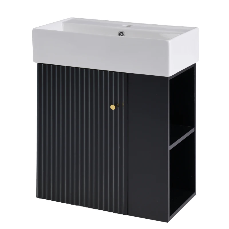 Modern Floating Bathroom Vanity with Ceramic Basin and Right Side Storage, Cabinet with Gold Handle, 21.5" L x 12" W x 26.5" H, Black+White