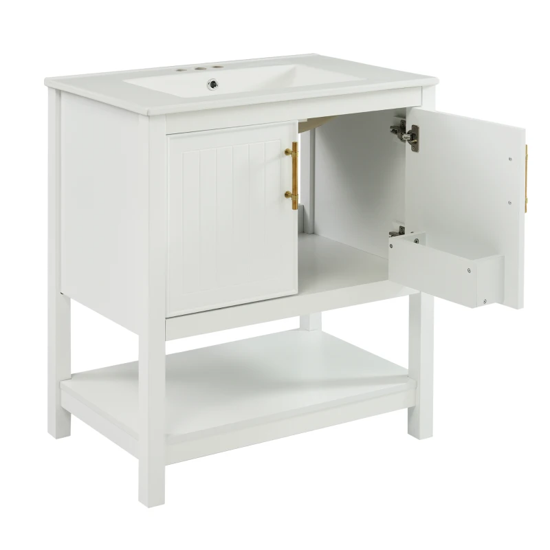 30" Bathroom Vanity with Ceramic Sink, Ample Storage, Gold Handles and Soft Close Doors for Small Bathrooms, 30" L x 18.5" W x 34" H, White
