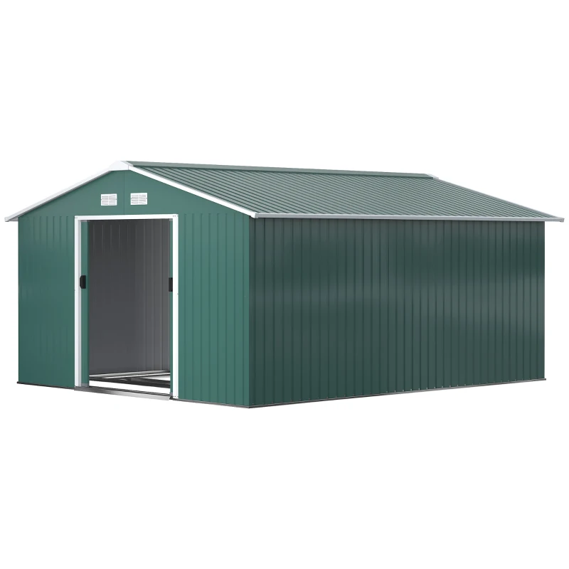 Outsunny 11' x 13' Practical Backyard Garden Storage Tool Shed with Double Sliding Door Garden Tool Shed with 4 Ventilation Slots, Green