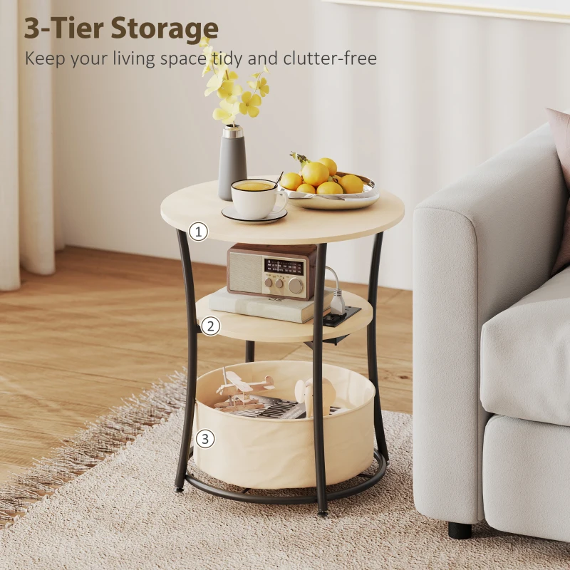 HOMCOM Round Side Table with Charging Station, 3-Tier End Table with Fabric Storage Bag and Shelf, Natural Wood