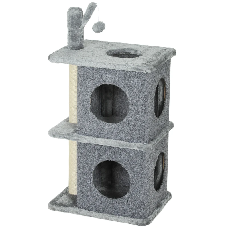 PawHut 31.5" Cat Tree, Multi-Level Cat Tower with 2 Condos and Soft Plush Perches for 1-2 Cats, Grey