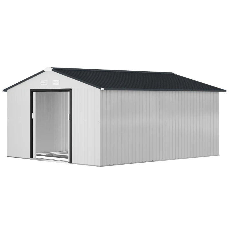 Outsunny 11' x 13' Garden Storage Shed w/ Foundation Kit Metal Tool Storage House w/ Double Doors White