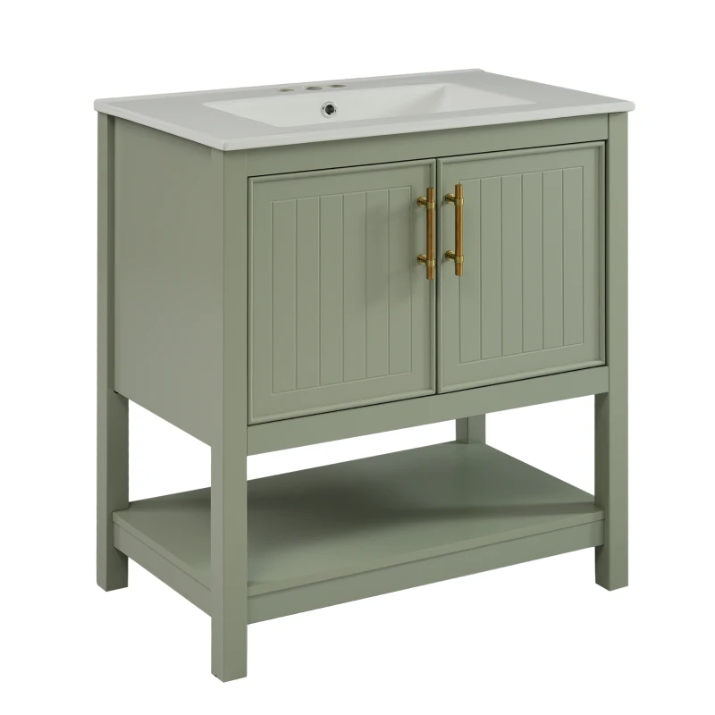 30" Bathroom Vanity with Ceramic Sink, Ample Storage, Soft Close Doors, Cabinet with Solid Wood frame, 30" L x 18.5" W x 34" H, Green+White