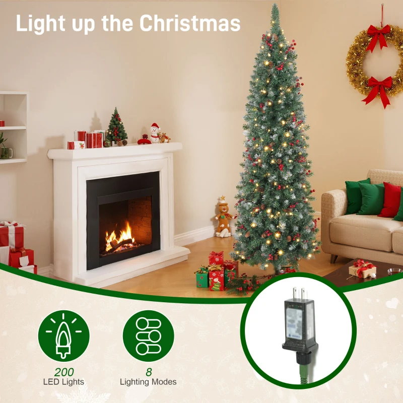 HOMCOM 6 ft Pencil Prelit Christmas Tree with LED Light, Silver Glitter, Dense Pointed Branches, 8 Modes, Slim Xmas Tree