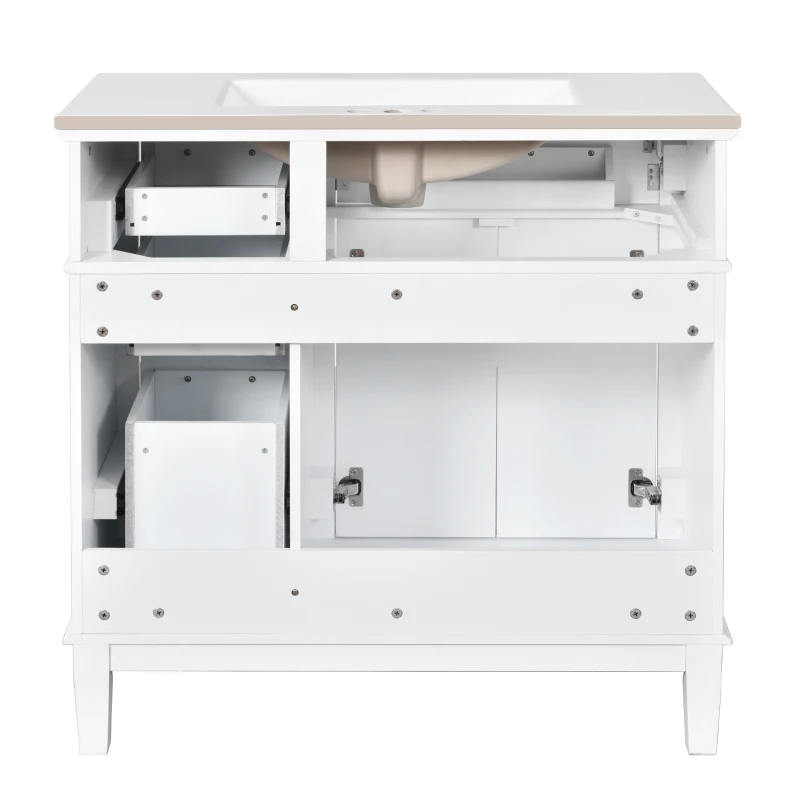 Modern Bathroom Vanity with Ceramic Sink, Soft Close Doors, Space-Saving Design and 4 Drawers for Storage, 36" L x 18.5" W x 35" H, White