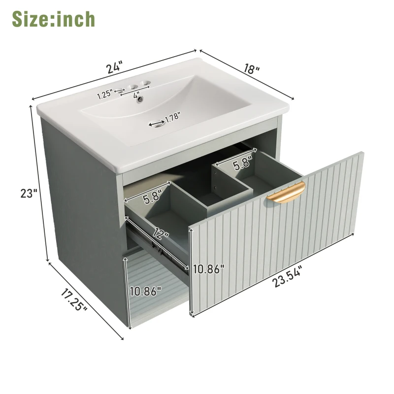 Modern Wall-Mounted Bathroom Vanity with 2 Drawers, Space-Saving Design for Small Bathrooms, 24" L x 18" W x 23" H, Green