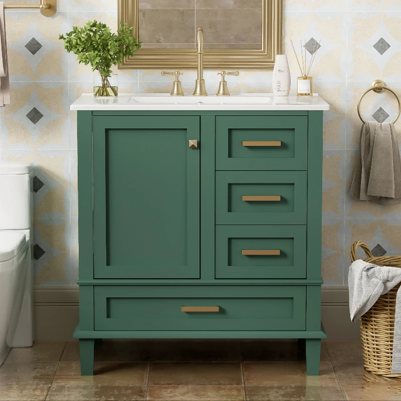 Modern Bathroom Vanity with 3 Drawers, Soft Close Door, Sink Combo, Storage Cabinet with Wood Frame, 30" L x 18" W x 34" H, Green+White