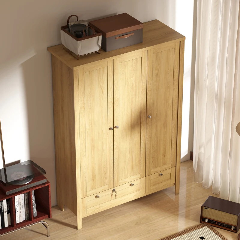 HOMCOM 3 Doors Wardrobe Closet with 2 Drawers, Bedroom Armoire with Lockable Drawer, Hanging Rod and Storage Shelves, Natural
