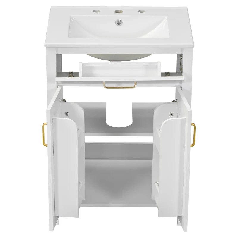 Space-Saving Design Bathroom Vanity Combo with Ceramic Sink, Storage Cabinet with Wood Frame, 24" L x 18.5" W x 34" H, White