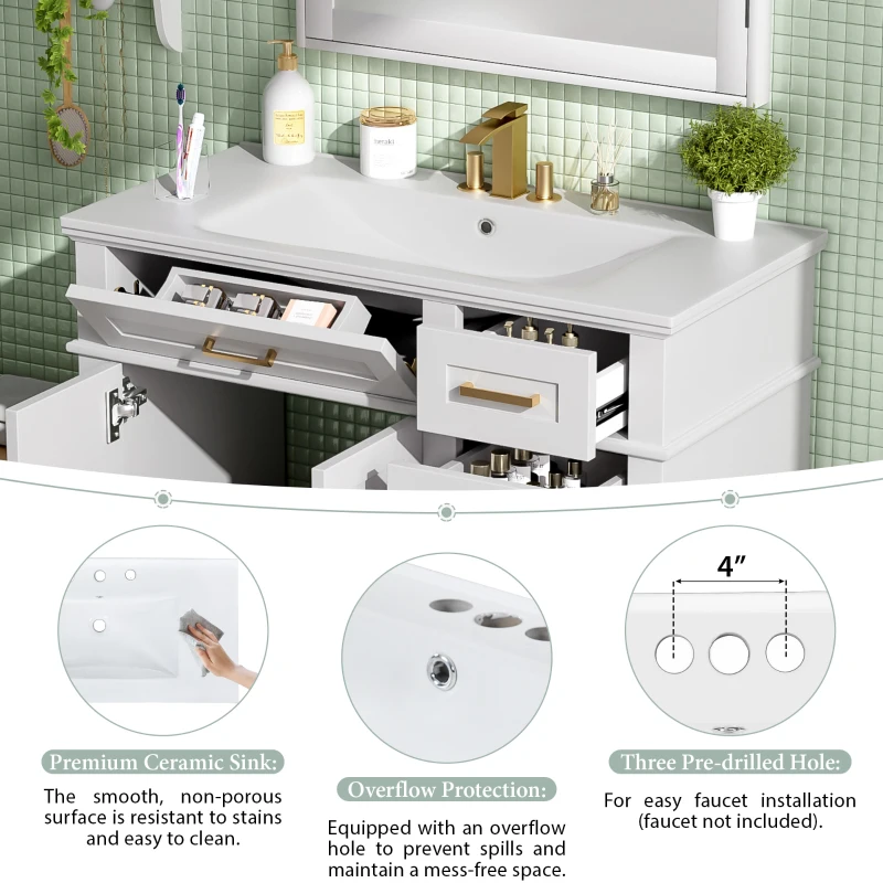 Modern Bathroom Vanity with Ceramic Sink, Soft Close Doors, Space-Saving Design and 4 Drawers for Storage, 36" L x 18.5" W x 35" H, White