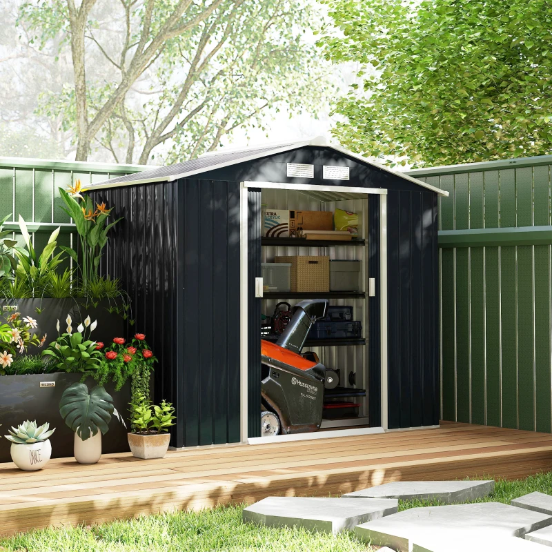 Outsunny 7' x 4' x 6' Garden Storage Shed Outdoor Patio Metal Tool Storage House w/ Foundation Kit and Double Doors Dark Grey