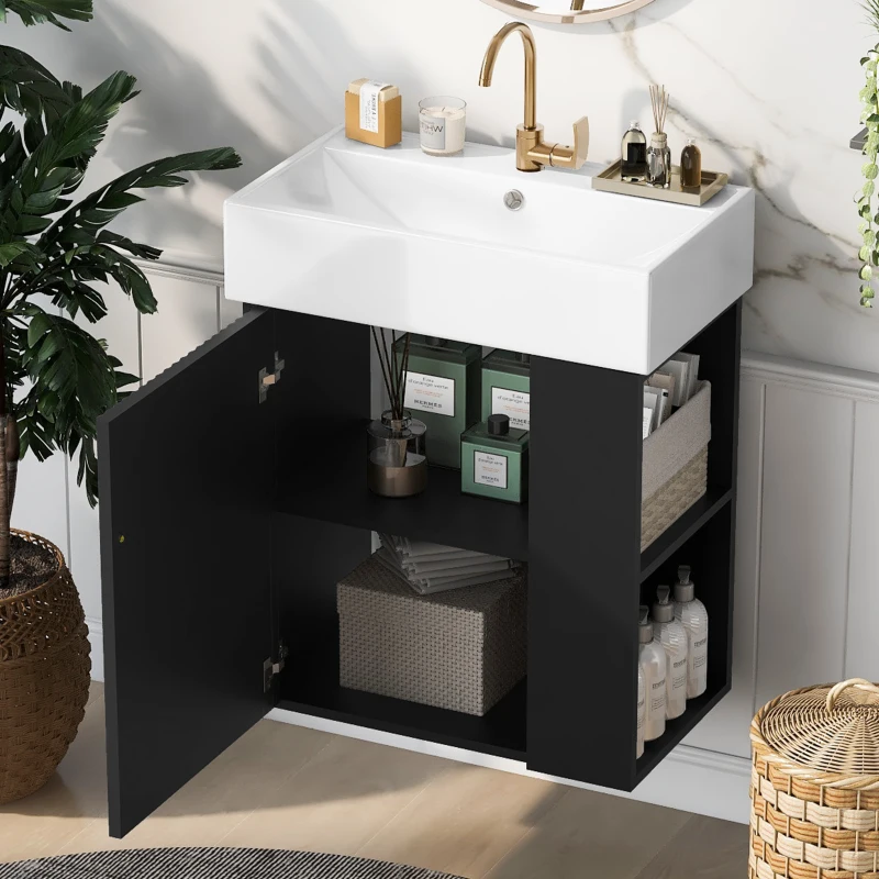 Modern Floating Bathroom Vanity with Ceramic Basin and Right Side Storage, Cabinet with Gold Handle, 21.5" L x 12" W x 26.5" H, Black+White