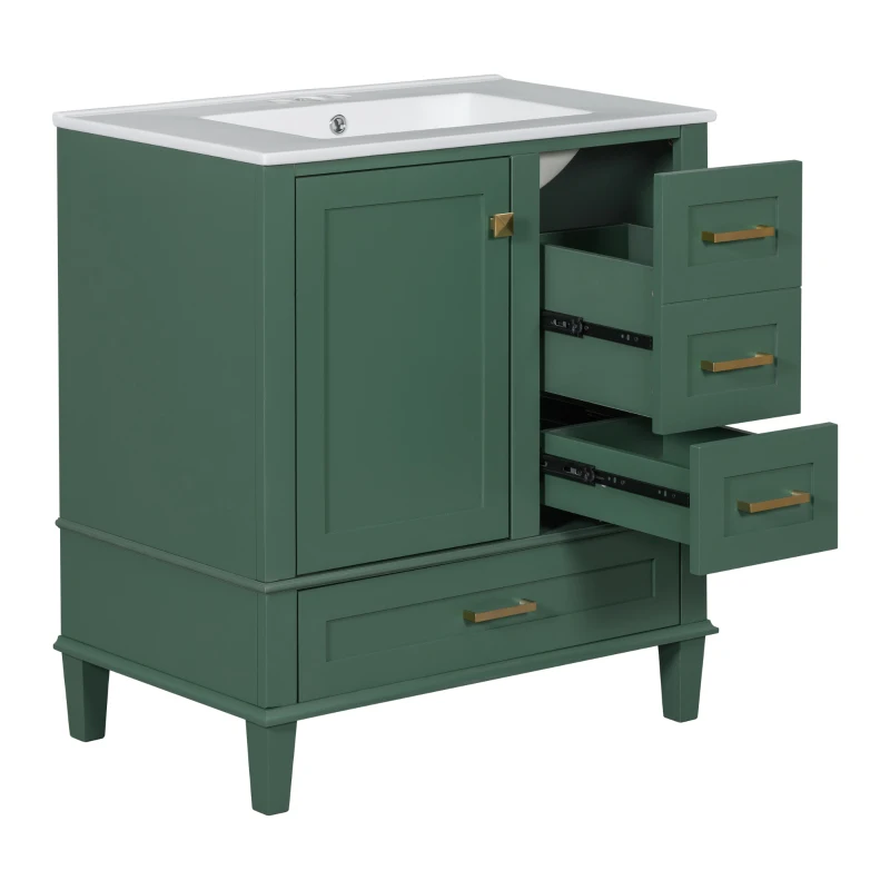 Modern Bathroom Vanity with 3 Drawers, Soft Close Door, Sink Combo, Storage Cabinet with Wood Frame, 30" L x 18" W x 34" H, Green+White