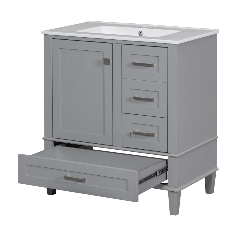 Modern Bathroom Vanity with Sink Combo, Solid Wood Frame, Ample Storage Cabinet with Soft-Close Door, 30" L x 18" W x 34" H, Grey