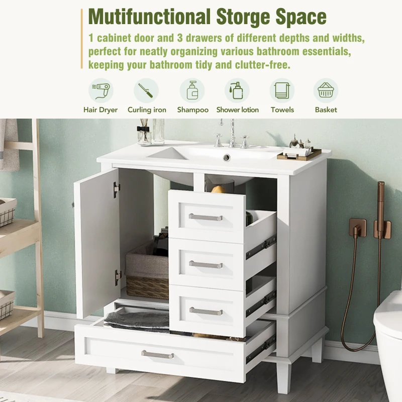 Modern Bathroom Vanity with Sink Combo, Solid Wood Frame, Cabinet with Soft-Close Door and 3 Drawers, 30" L x 18" W x 34" H, White