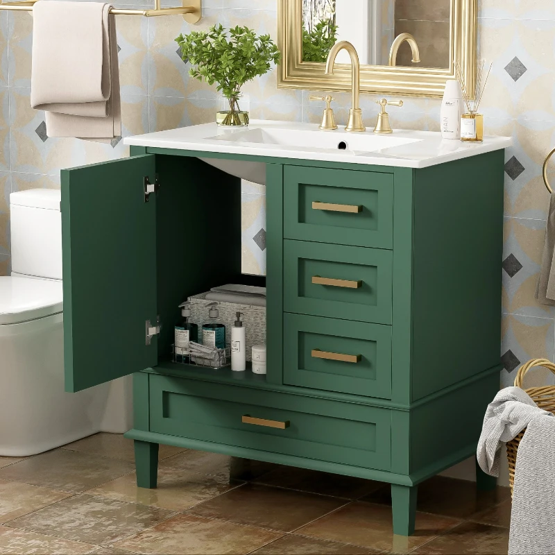 Modern Bathroom Vanity with 3 Drawers, Soft Close Door, Sink Combo, Storage Cabinet with Wood Frame, 30" L x 18" W x 34" H, Green+White