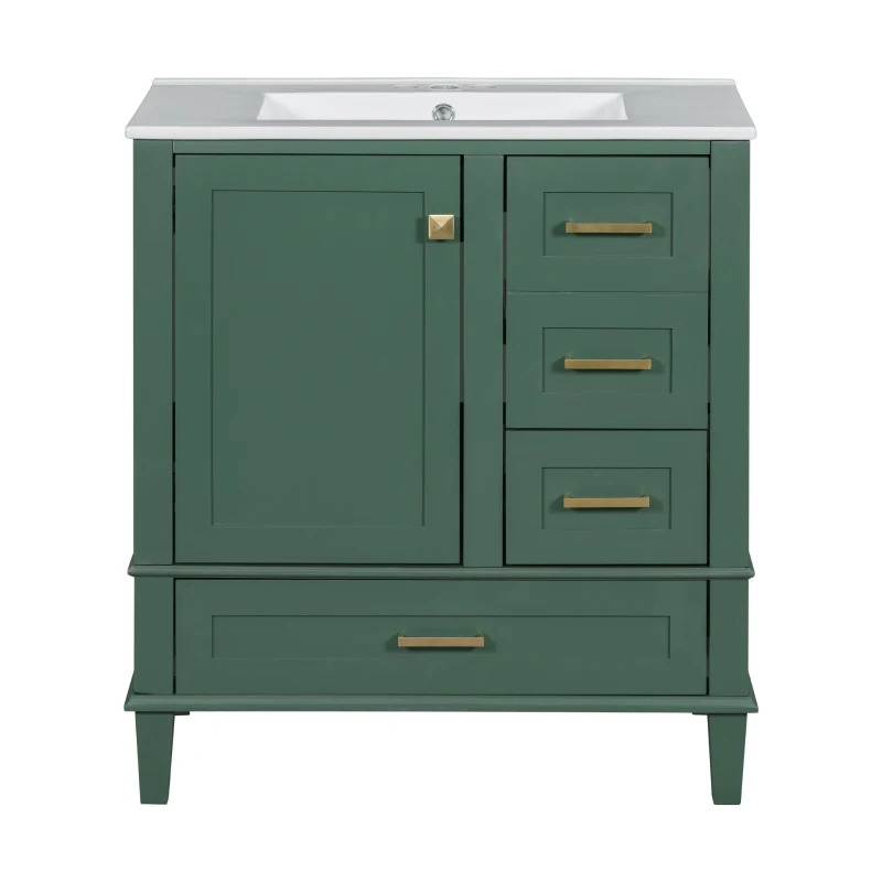 Modern Bathroom Vanity with 3 Drawers, Soft Close Door, Sink Combo, Storage Cabinet with Wood Frame, 30" L x 18" W x 34" H, Green+White