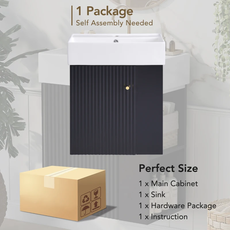 Modern Floating Bathroom Vanity with Ceramic Basin and Right Side Storage, Cabinet with Gold Handle, 21.5" L x 12" W x 26.5" H, Black+White