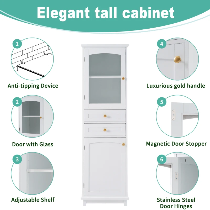 Tall Bathroom Storage Cabinet with Glass Doors, Free-Standing with Adjustable Shelves and Drawers, 18" L x 14" W x 63" H, White
