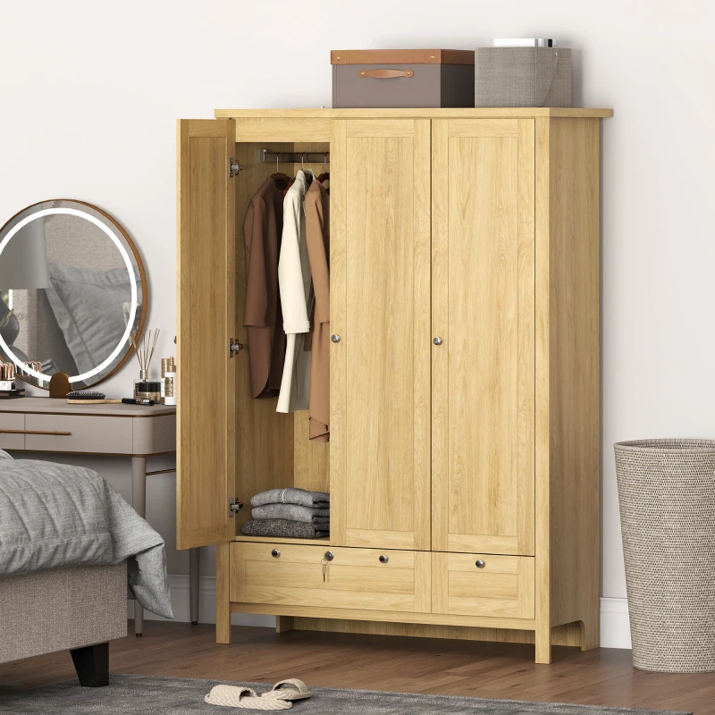 HOMCOM 3 Doors Wardrobe Closet with 2 Drawers, Bedroom Armoire with Lockable Drawer, Hanging Rod and Storage Shelves, Natural
