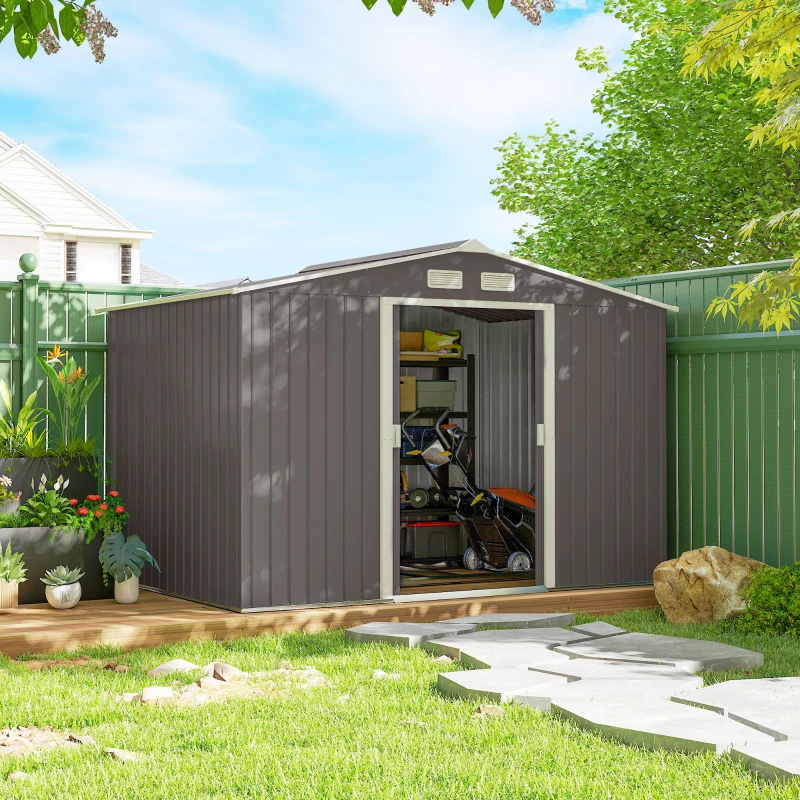 Outsunny 9x6 Galvanized Steel Ventilated Garden Storage Shed with Double Doors, Foundation Kit, Grey