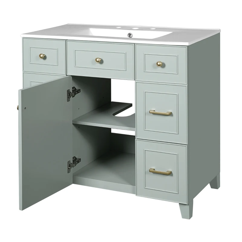 36" Bathroom Vanity with Ceramic Sink, Soft-Close Doors and Drawers, Storage Cabinet with Adjustable Shelf, 36" L x 18" W x 34" H, Green