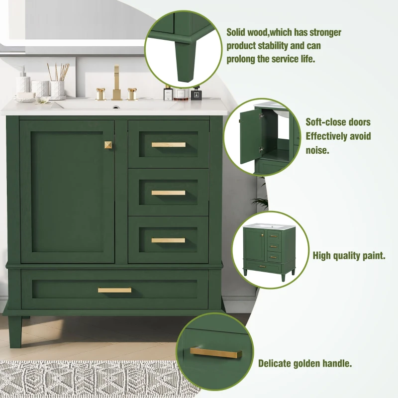 Modern Bathroom Vanity with 3 Drawers, Soft Close Door, Sink Combo, Storage Cabinet with Wood Frame, 30" L x 18" W x 34" H, Green+White