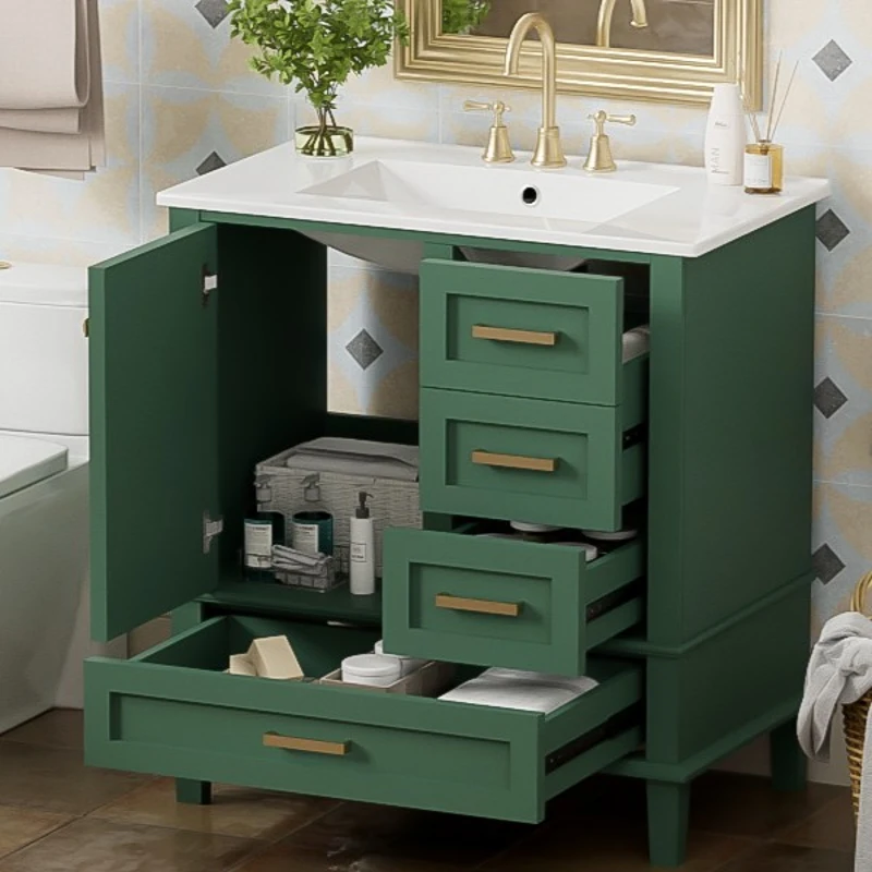 Modern Bathroom Vanity with 3 Drawers, Soft Close Door, Sink Combo, Storage Cabinet with Wood Frame, 30" L x 18" W x 34" H, Green+White