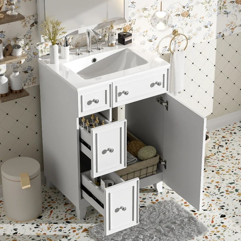 24" Bathroom Vanity Cabinet with 2 Drawers and 1 Door, Ceramic Sink, Cabinet with Solid Wood Construction, 24" L x 18.5" W x 34.5" H, White