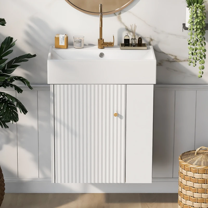 Modern Floating Bathroom Vanity with Ceramic Basin and Right Side Storage, Cabinet with Rose Gold Handle, 21.5" L x 12" W x 26.5" H, White