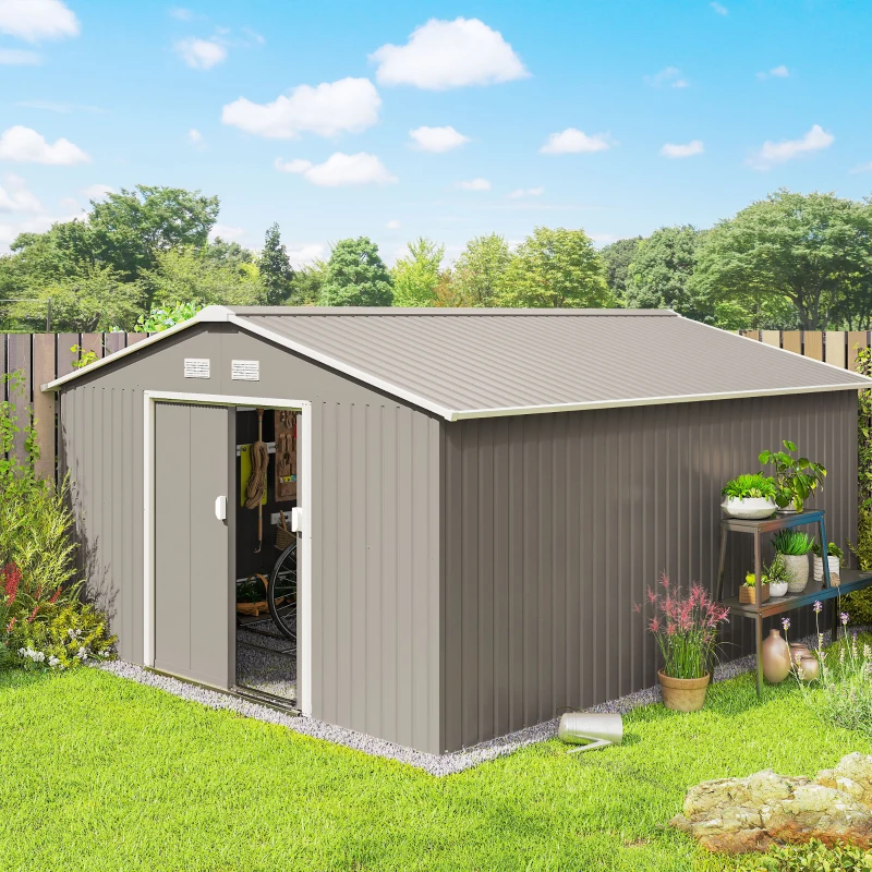 Outsunny 11' x 13' Practical Backyard Garden Storage Tool Shed Double Sliding Door 4 Ventilation Slots, Light Grey